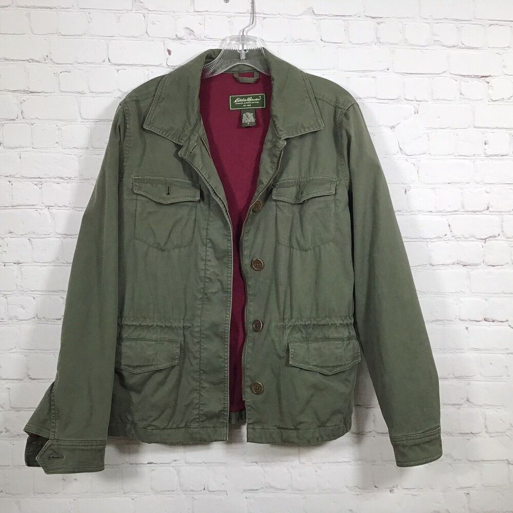 Eddie Bauer Military Cargo Jacket Womans Small Olive Green Cinch Waist Lined